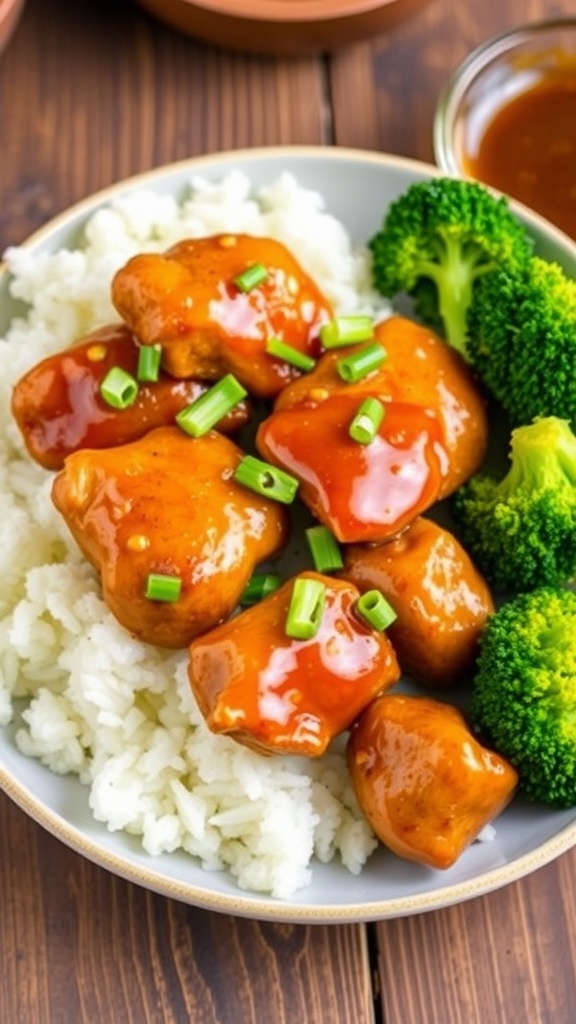 Simple 4-Ingredient Honey Garlic Chicken Recipe Honey garlic chicken served with rice and broccoli, garnished with green onions on a wooden table.